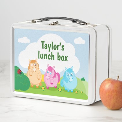 Cute cartoon of little colorful ponies, metal lunch box
