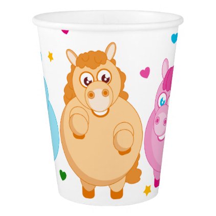 Cute cartoon of little colorful ponies, paper cup