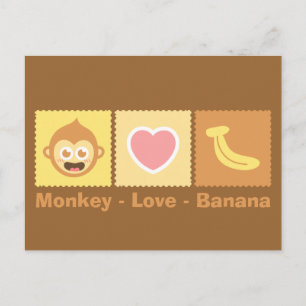 Cute Cartoon of Monkey, Love and Banana Postcard