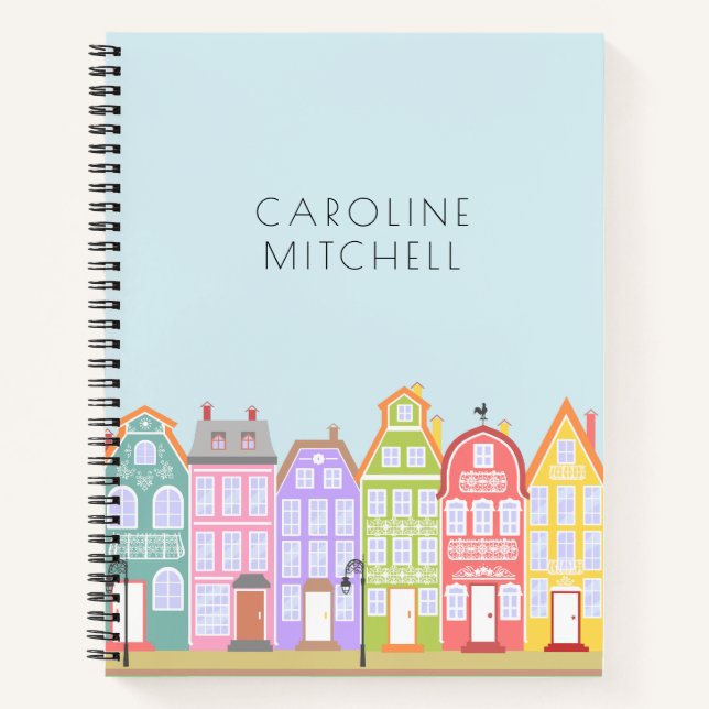 Cute Cartoon Old Town Custom Name Notebook (Front)