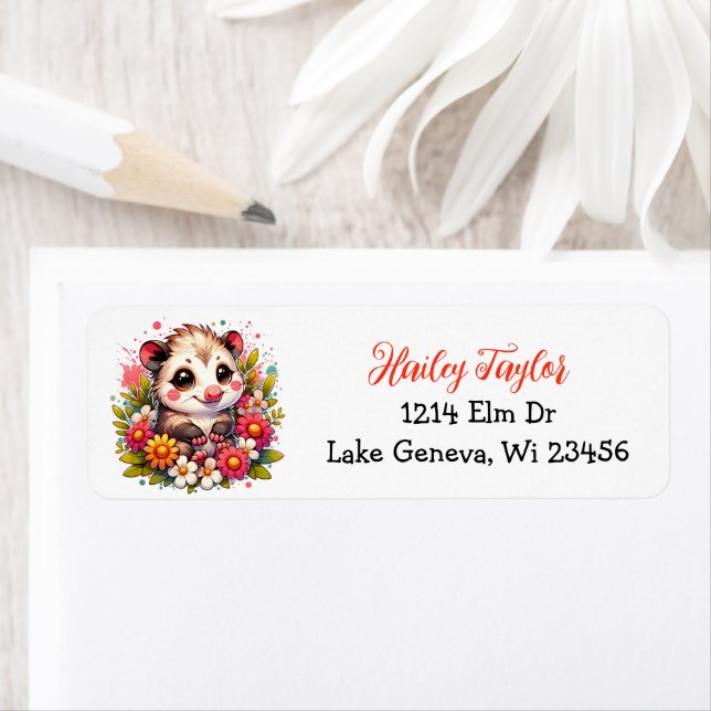 Cute Cartoon Opossum and Flowers Pink Label (Insitu)