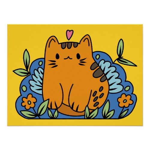 Cute Cartoon Orange Cat In A Garden Poster