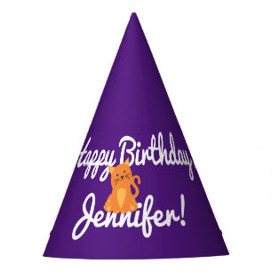 Cute Cartoon Orange Cat Purple White Script Name Party Hat