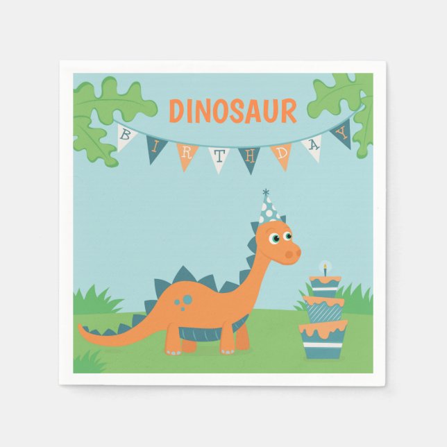 Cute cartoon orange dinosaur birthday party napkins (Front)