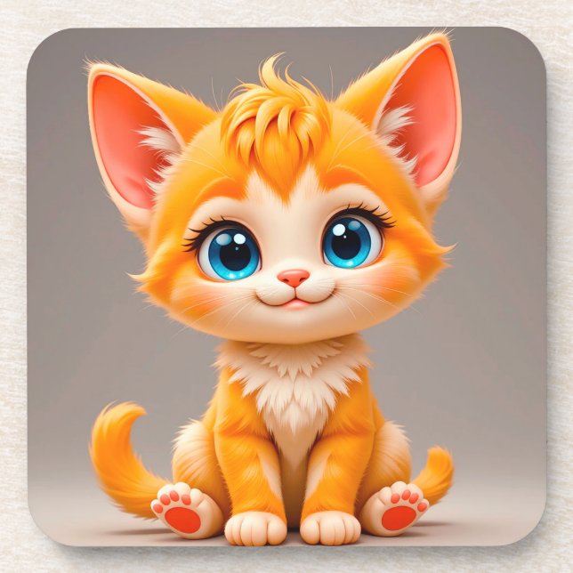 Cute Cartoon Orange Kitten Beverage Coaster (Front)