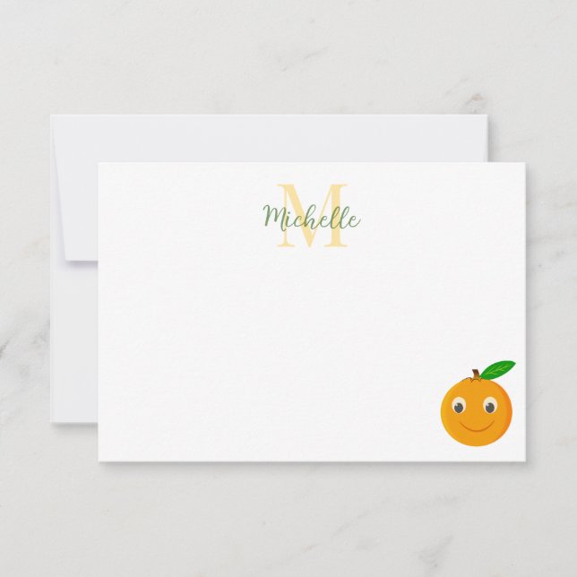 Cute Cartoon Orange Personalized Monogram Note Card (Front)