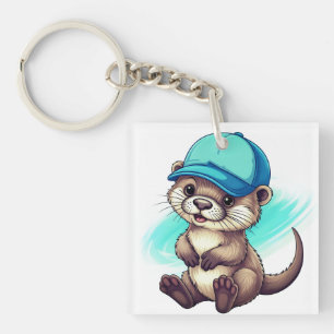 Cute Cartoon Otter Wearing a Blue Baseball Cap Keychain