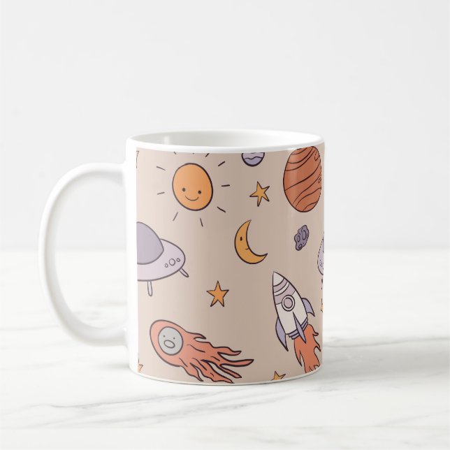 Cute Cartoon Outer Space Seamless Pattern Design Coffee Mug (Left)