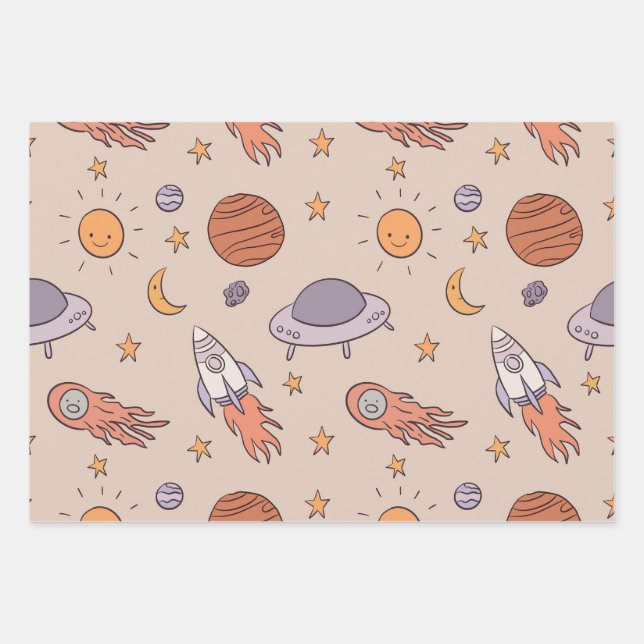 Cute Cartoon Outer Space Seamless Pattern Design Wrapping Paper Sheets (Front)