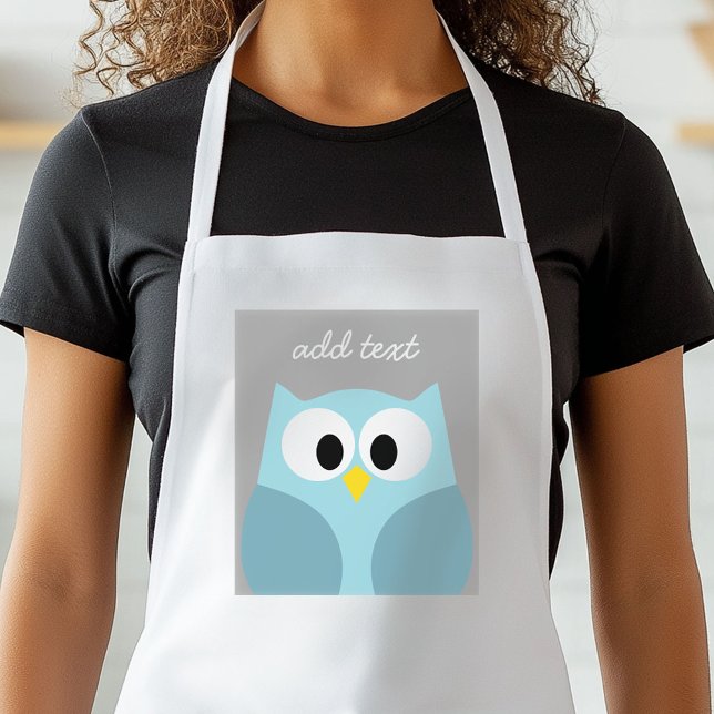 Cute Cartoon Owl - Blue and Gray Custom Name Adult Apron (Personalized Kitchen Apron)