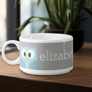 Cute Cartoon Owl - Blue and Gray Custom Name Bowl