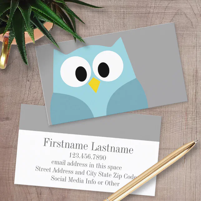 Cute Cartoon Owl - Blue and Gray Custom Name Business Card | Zazzle