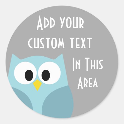 Cute Cartoon Owl _ Blue and Gray Custom Name Classic Round Sticker