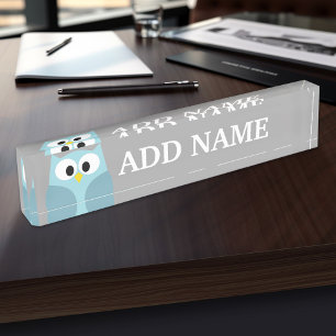 Cute Cartoon Owl - Blue and Gray Custom Name Nameplate