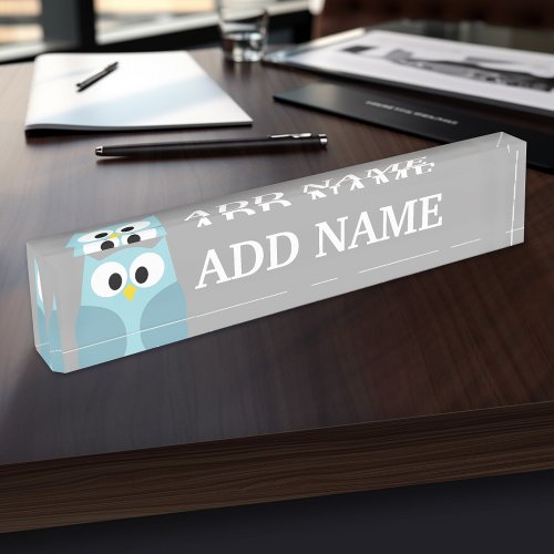 Cute Cartoon Owl _ Blue and Gray Custom Name Nameplate