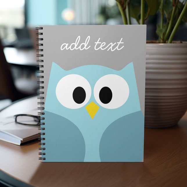 Cute Cartoon Owl - Blue and Gray Custom Name Notebook (Personalized notebook - add your name or other text)