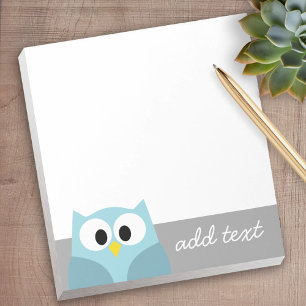 Cute Cartoon Owl - Blue and Gray Custom Name Notepad