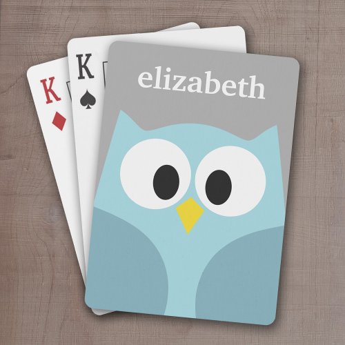 Cute Cartoon Owl _ Blue and Gray Custom Name Poker Cards