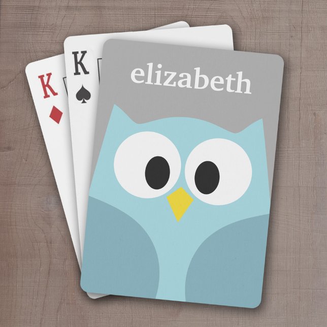 Cute Cartoon Owl - Blue and Gray Custom Name Poker Cards (Cute Personalized playing cards with a cartoon owl and a monogram or name)