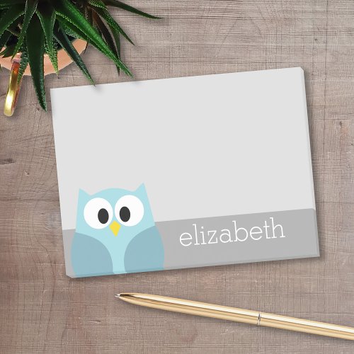 Cute Cartoon Owl _ Blue and Gray Custom Name Post_it Notes