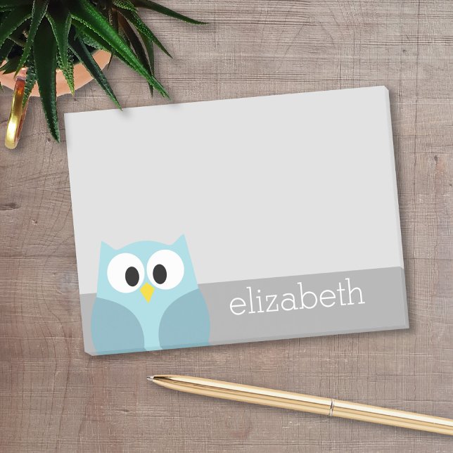 Cute Cartoon Owl - Blue and Gray Custom Name Post-it Notes (Personalized post it notes with low quantity. Add your personal touch.)
