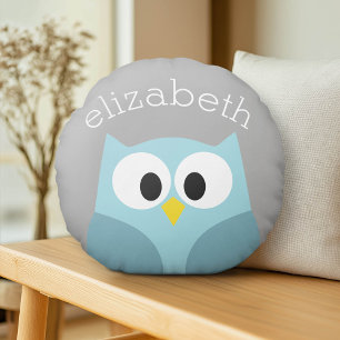 Cute Cartoon Owl - Blue and Gray Custom Name Round Pillow