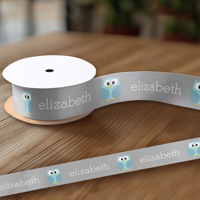 Cute Cartoon Owl - Blue and Gray Custom Name Satin Ribbon (Custom Ribbon on a Roll - Personalize this ribbon with you text)