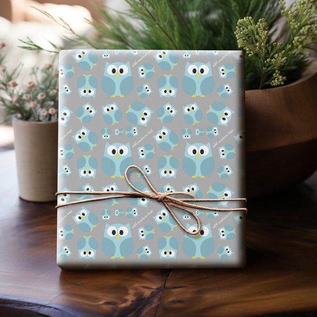 Cute Cartoon Owl - Blue and Gray Custom Name Wrapping Paper (Personalized Wrapping Paper)