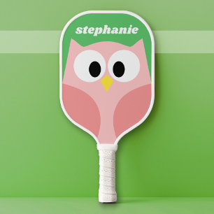 Cute Cartoon Owl - Coral and Green - Name Pickleball Paddle