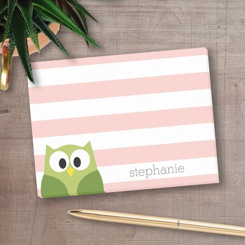 Cute Cartoon Owl _ Coral and Green with Stripes Post_it Notes