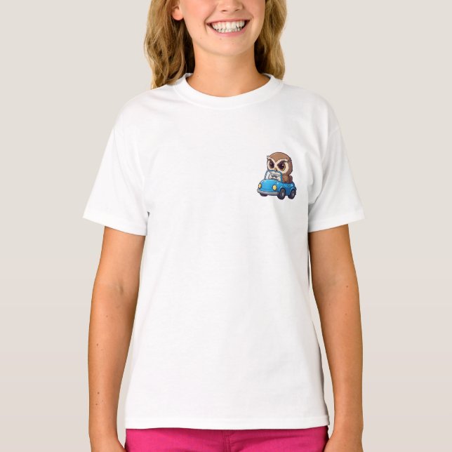 Cute Cartoon Owl Driving Blue Convertible Car T-Shirt (Front)