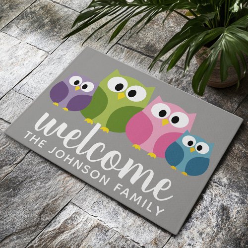 Cute Cartoon Owl Family and Custom Name Doormat