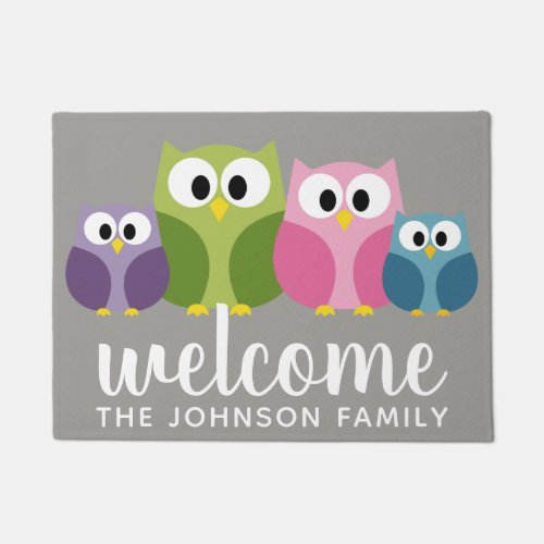 Cute Cartoon Owl Family and Custom Name Doormat