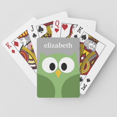 Cute Cartoon Owl _ Green and Gray Custom Name Poker Cards