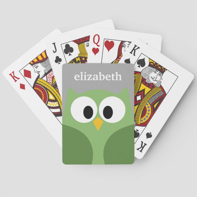 Cute Cartoon Owl - Green and Gray Custom Name Poker Cards (Back)