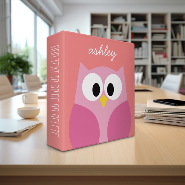 Cute Cartoon Owl in Pink and Coral Binder (Personalized 3-ring Binder with custom text)