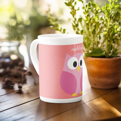 Cute Cartoon Owl in Pink and Coral Bone China Mug