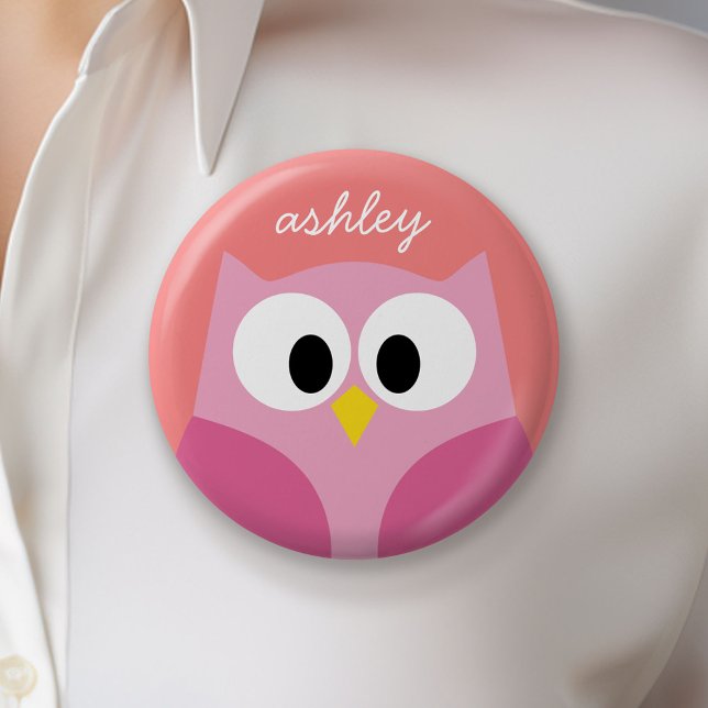 Cute Cartoon Owl in Pink and Coral Button (Custom Button)