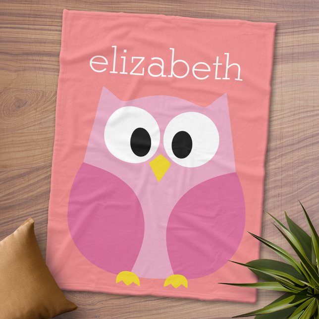 Cute Cartoon Owl in Pink and Coral Fleece Blanket (Personalized Fleece Blanket - Add Photos and Text or Customize completely in advanced design area)