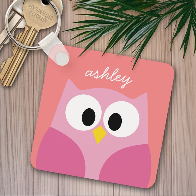 Cute Cartoon Owl in Pink and Coral Keychain (Personalized keychain - add name)