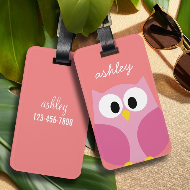 Cute Cartoon Owl in Pink and Coral Luggage Tag (Personalized Luggage Tag)