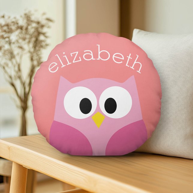 Cute Cartoon Owl in Pink and Coral Round Pillow (Custom Monogram Pillow)