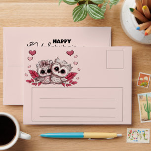Cute Cartoon Owl Lovers Hearts Valentine’s Day Envelope