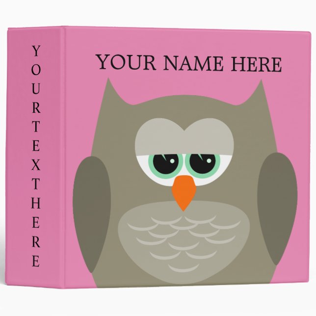 Cute Cartoon Owl Pink 3 Ring Binder (Front/Spine)