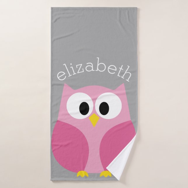 Cute Cartoon Owl - Pink and Gray Custom Name Bath Towel (Bath Towel)