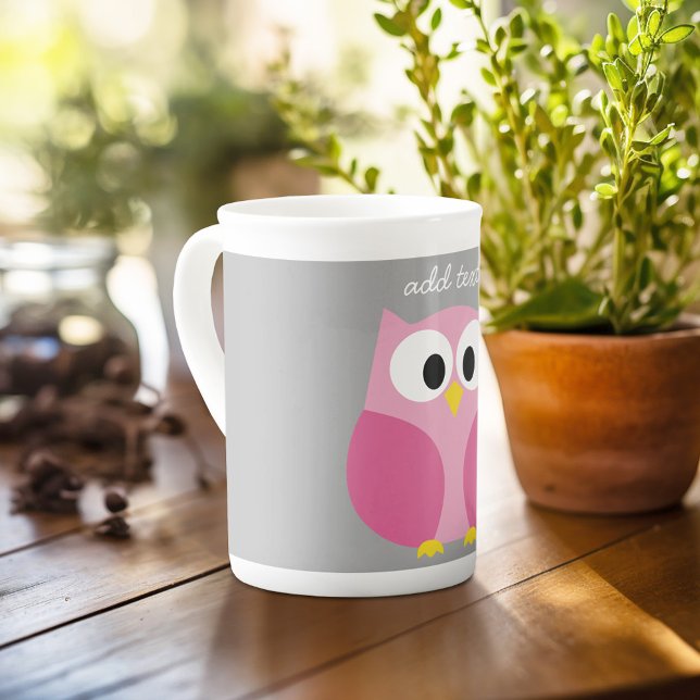 Cute Cartoon Owl - Pink and Gray Custom Name Bone China Mug (Personalized mug with photos and text, customize completely in the advanced design area)