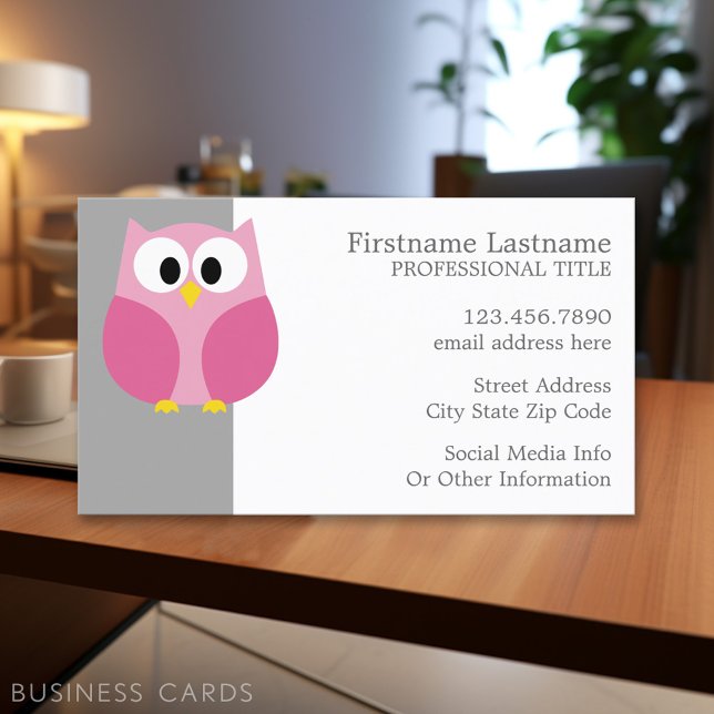 Cute Cartoon Owl - Pink and Gray Custom Name Business Card (Personalized Printed Business Cards)