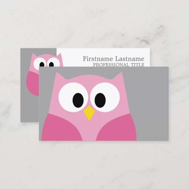 Cute Cartoon Owl - Pink and Gray Custom Name Business Card (Front/Back)