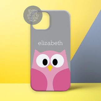 Cute Cartoon Owl - Pink and Gray Custom Name iPhone 15 Case