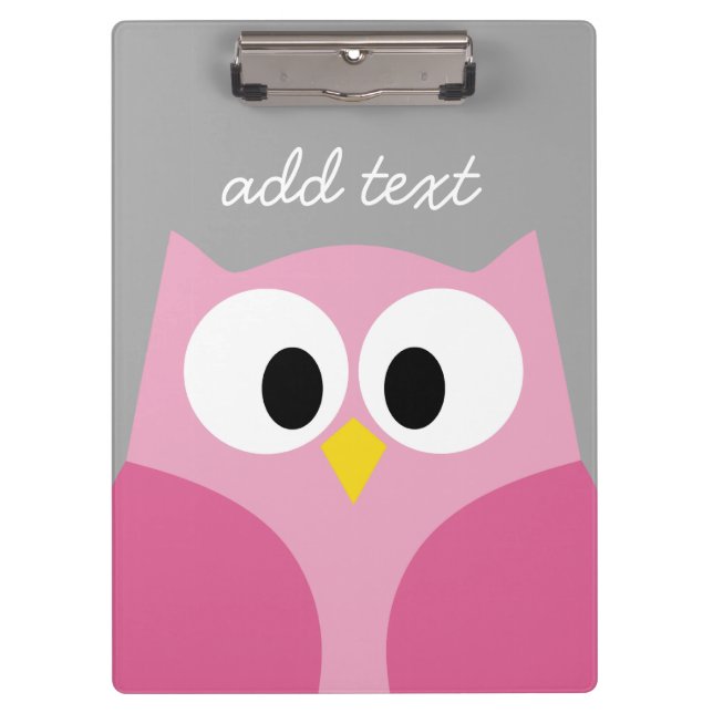 Cute Cartoon Owl - Pink and Gray Custom Name Clipboard (Front)